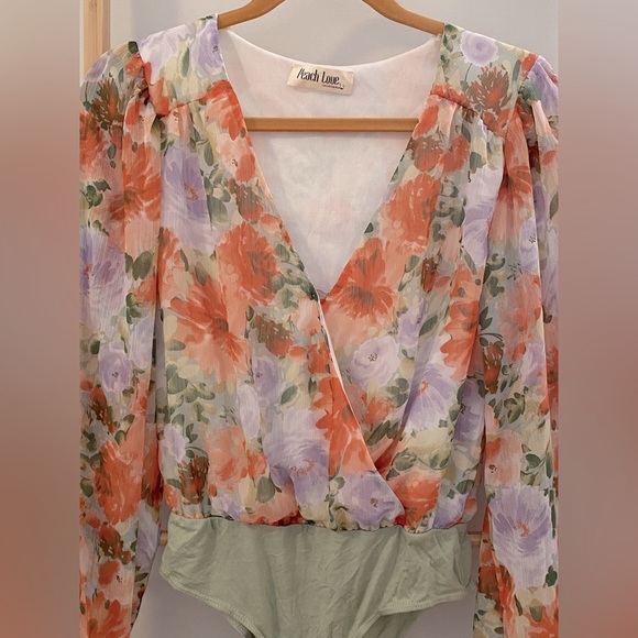 Peach Love California Multi Color Floral Faux Wrap Long Sleeve Bodysuit - Picture 2 of 5
